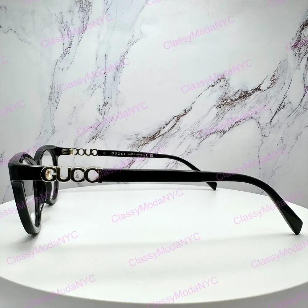 New GUCCI Eyeglasses Black 50mm Acetate Cat Eye Gold Cut Out Metal Logo Rx-able